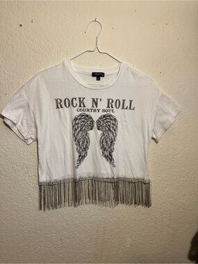 Originality White 'Rock N' Roll' Fringe Crop Tee